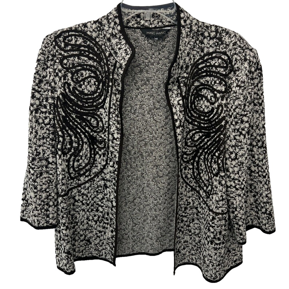 Ming Wang‎ Blazer Womens White Black Mandarin Collar 3/4 Sleeve Knit Jacket PXL - Picture 3 of 12